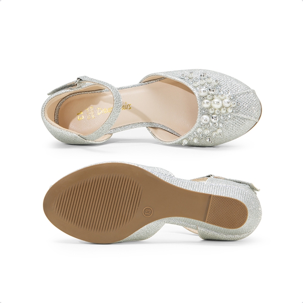 Girls Pearl Low Wedge Shoes - SILVER-GLITTER - 2